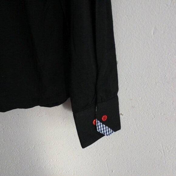 W[d^blju:], men's black button-up long sleeve shirt with blue/white plaid design - Picture 7 of 9